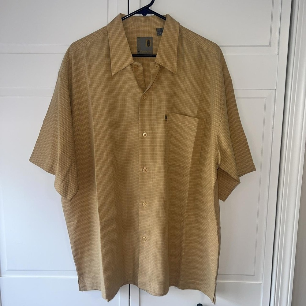 Pineapple Connection Men Tan Yellow Checkered Short Sleeve Button Up Shirt L